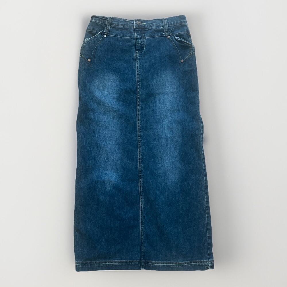 Y2K Denim Maxi Jean Skirt 4 Pocket Button Fly Med Wash Back Slit Sz 5/6 Modest